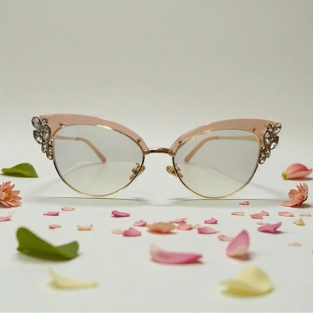 💎 Blush Pink Cat-Eye Glasses with Crystal Details – Prescription Ready
